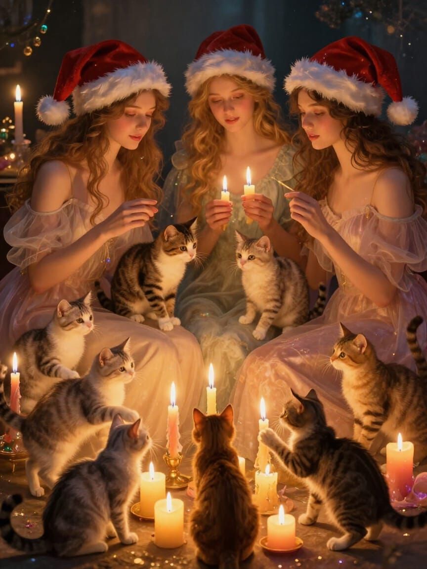 Ethereal Women with Cats, Candles, and Santa Hats
