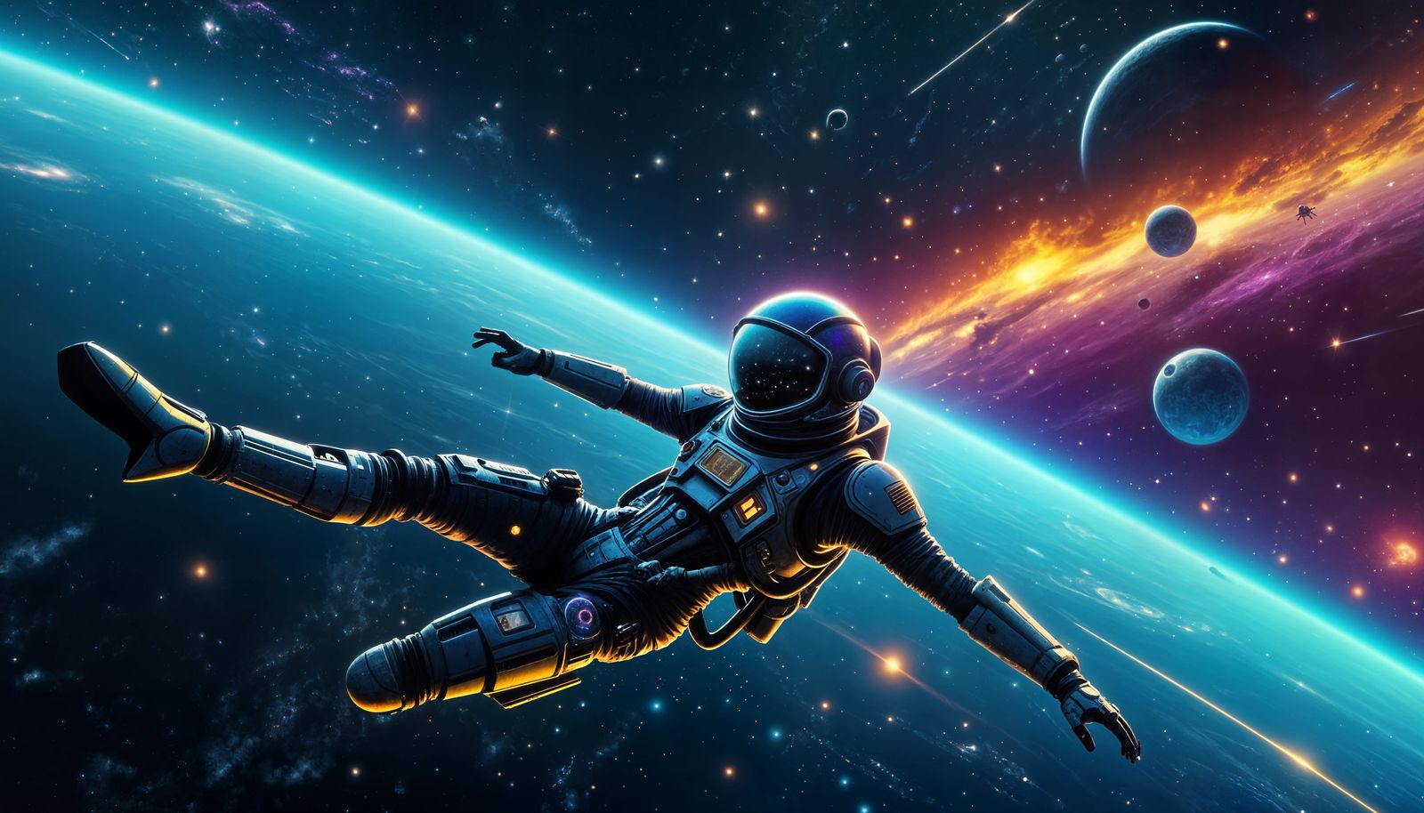 Lone Astronaut Adrift in Deep Space Near Derelict Starship