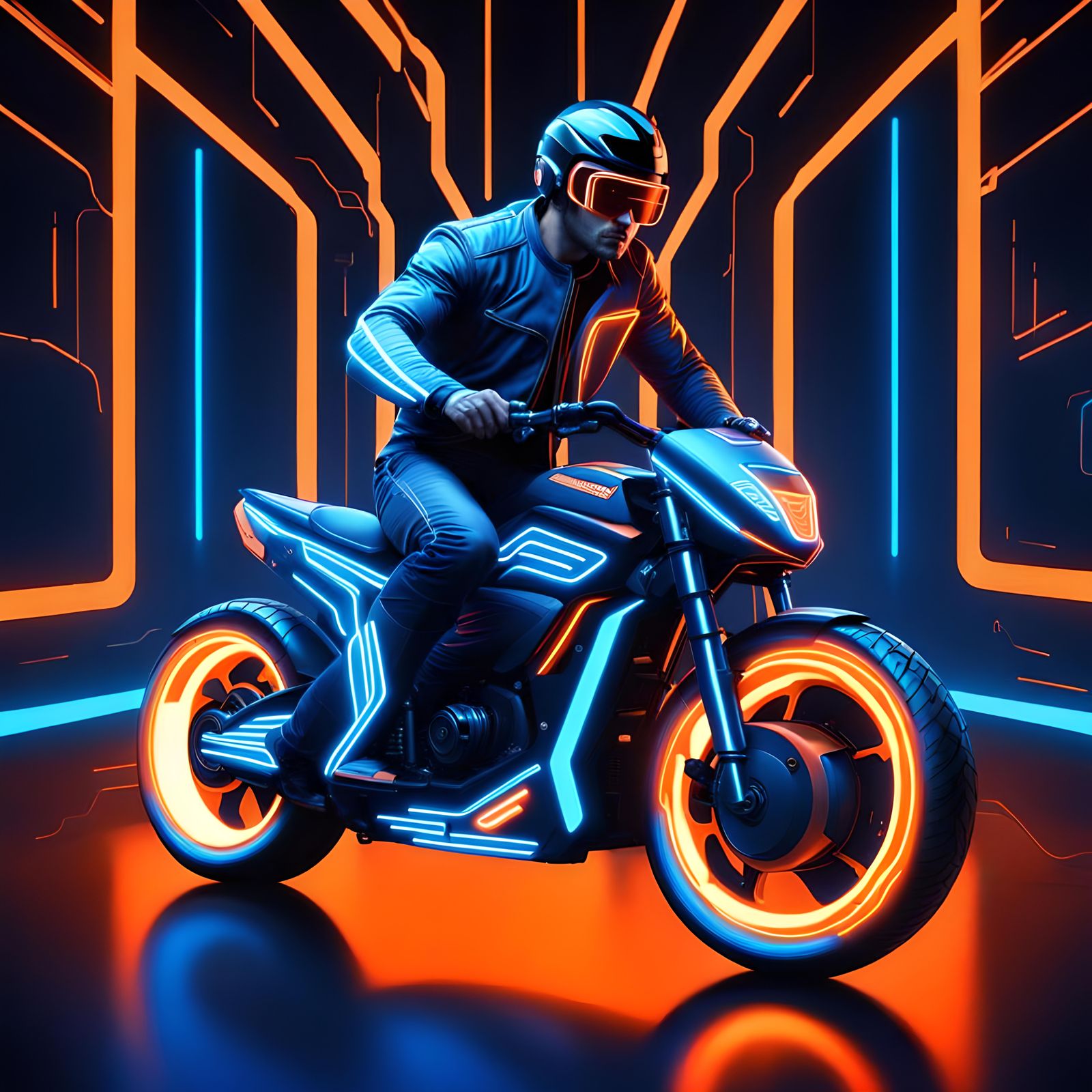Tron-Inspired Man Rides Neon Motorbike in Cyberscape