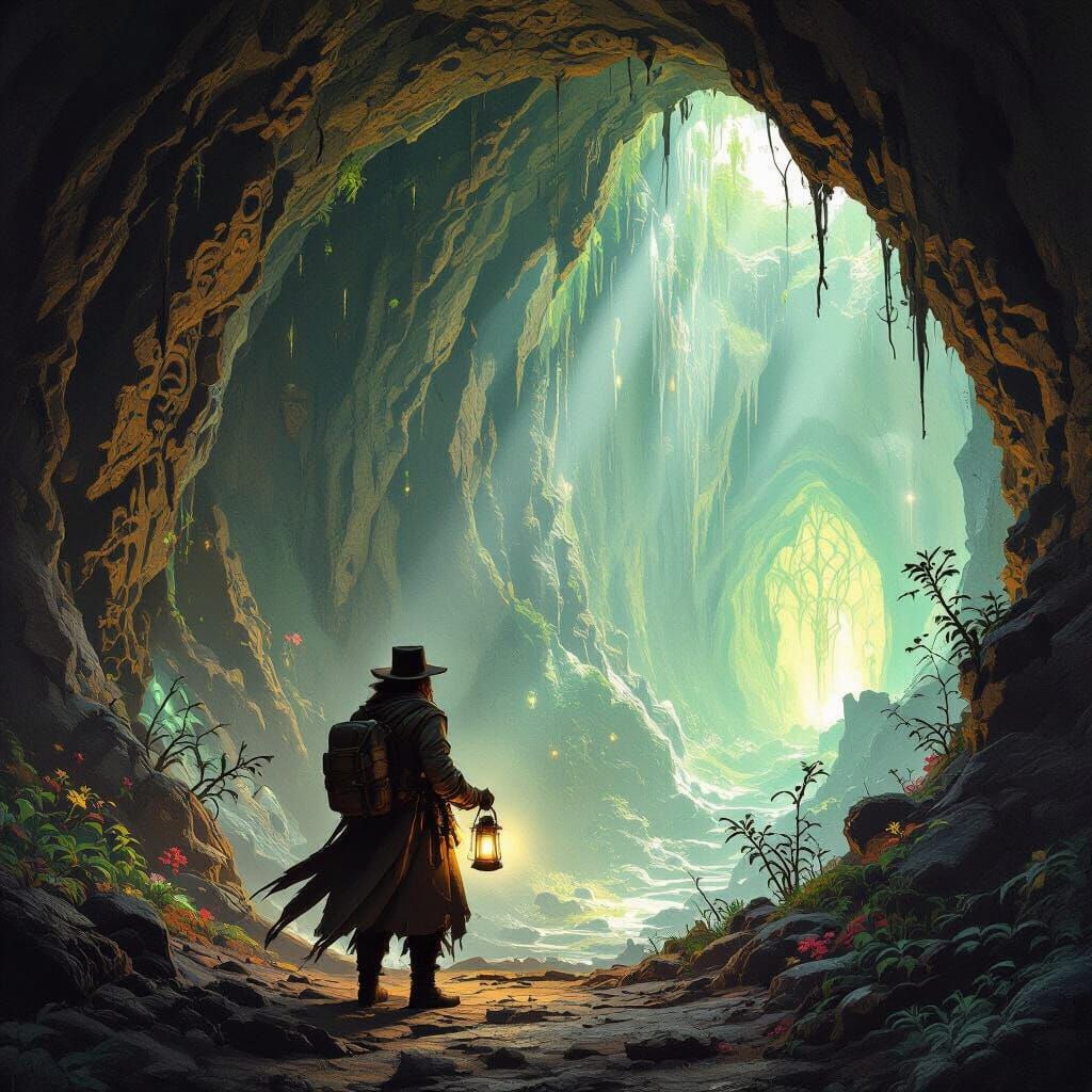Victorian Explorer in Bioluminescent Cavern