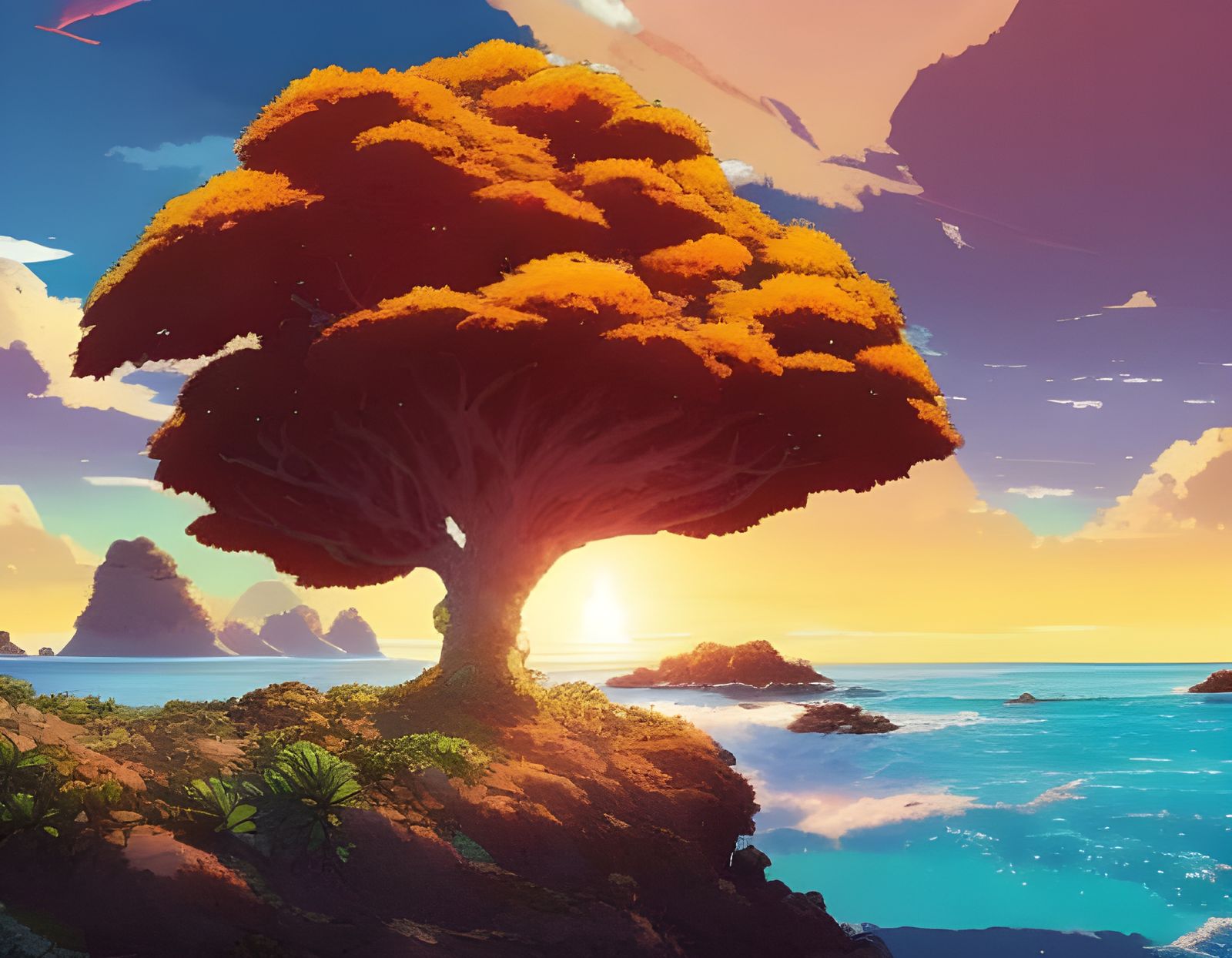 God Tree on Hawaiian Beach, Anime Ink Drawing