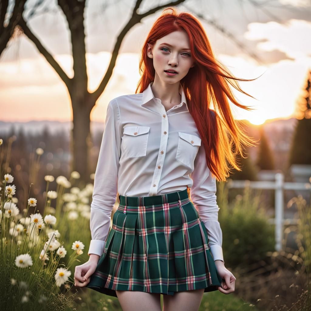 Redhead at sunset in a spring garden