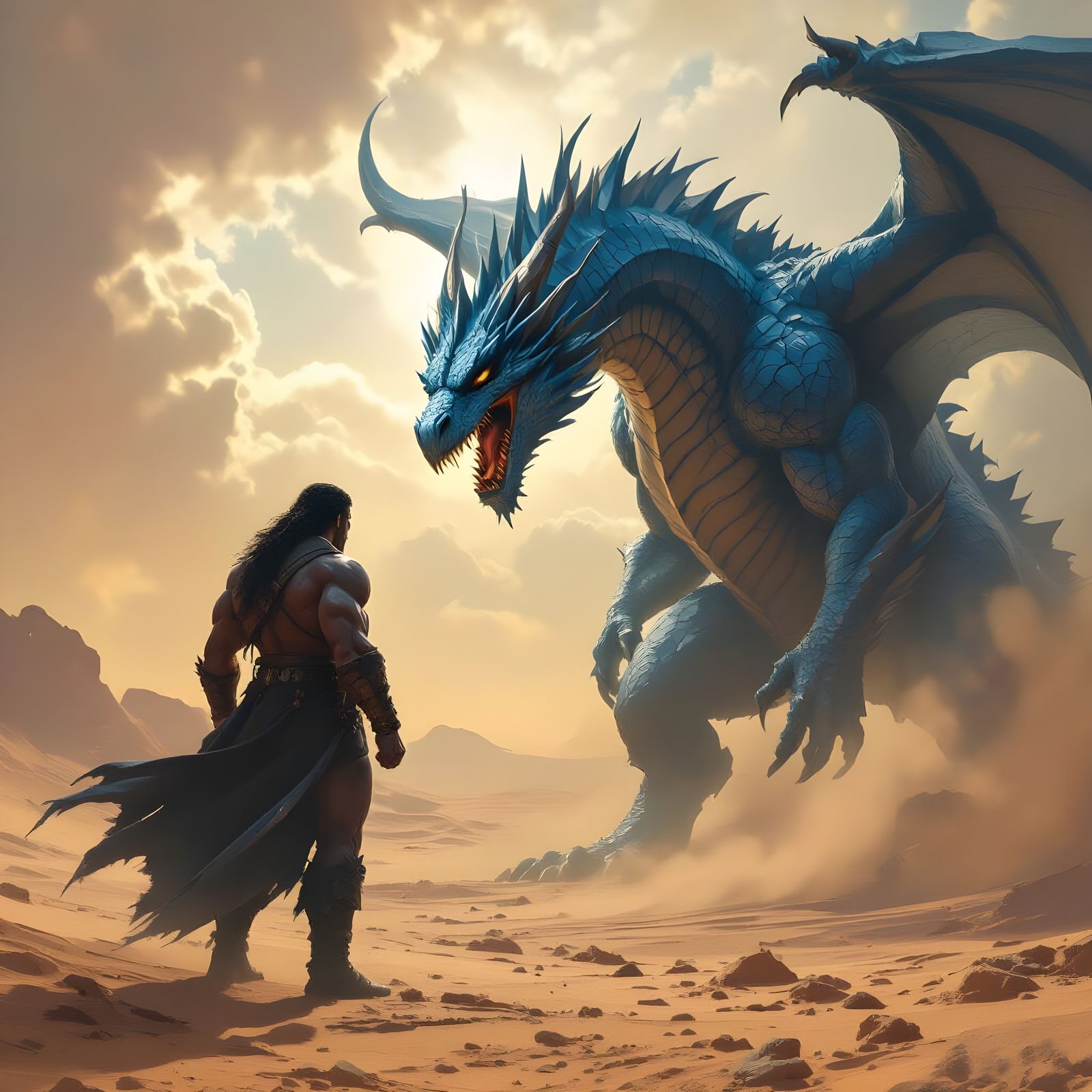 Gray Giant Battles Blue Dragon in Desert Wasteland