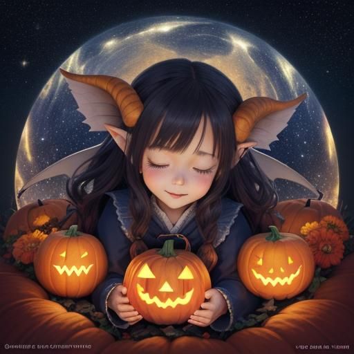 Tiefling Child Sleeping in Pumpkin Patch: Anime Art