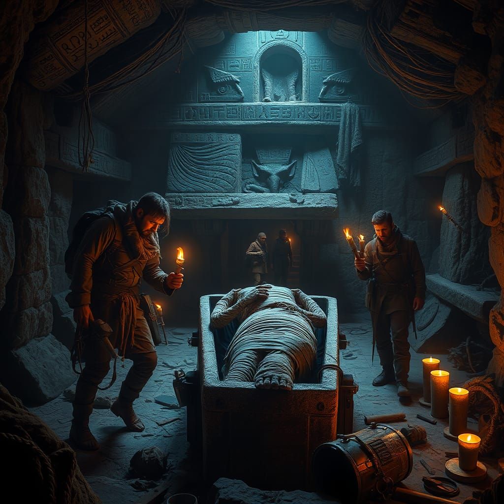 Explorers Discover Mummy in Tomb: Fantasy Concept Art