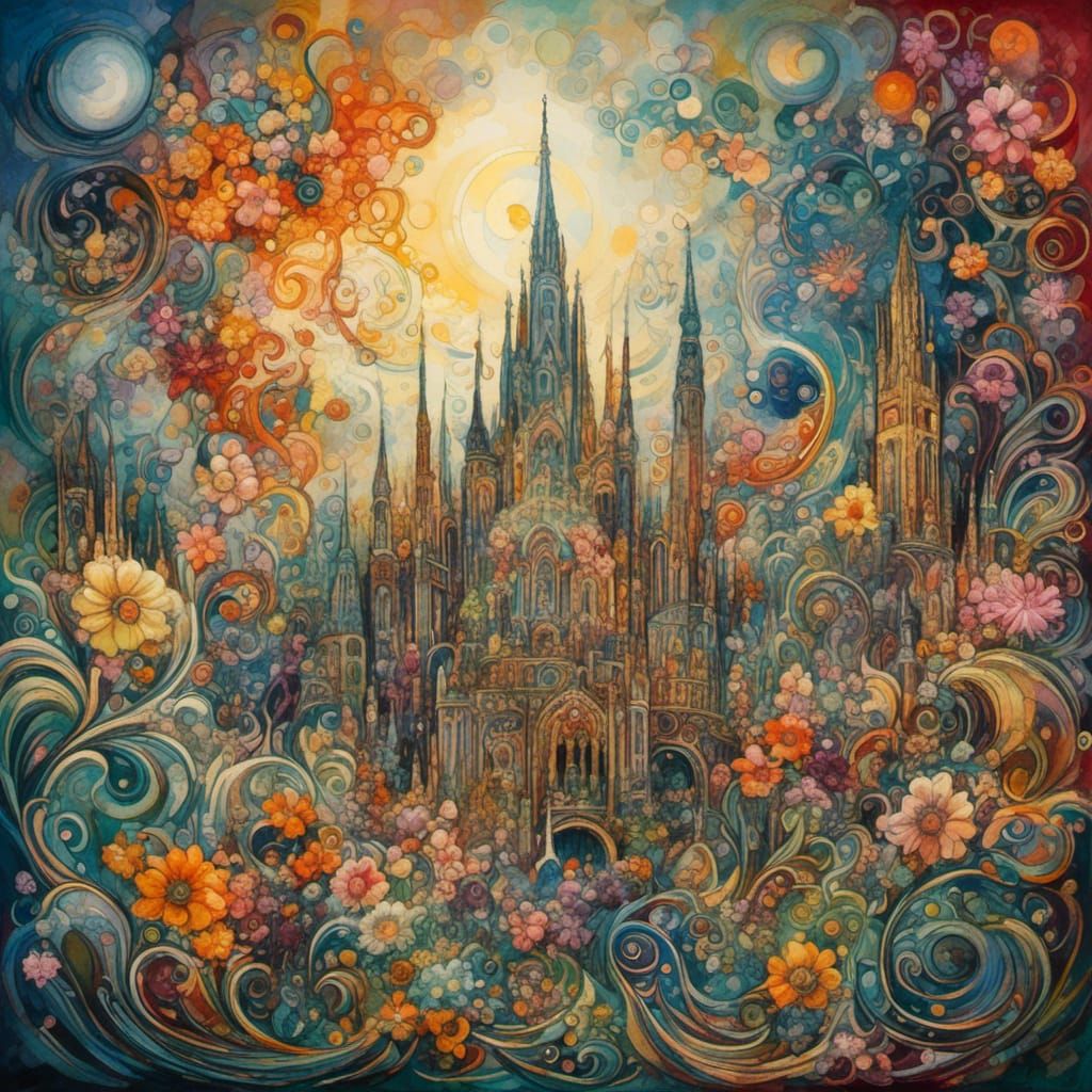 Abstract Surreal Waterfall in Dadaist Bold Colors