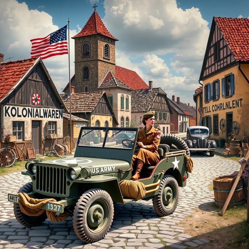 Confident US Army Officer in Vintage Car amidst German Villa...