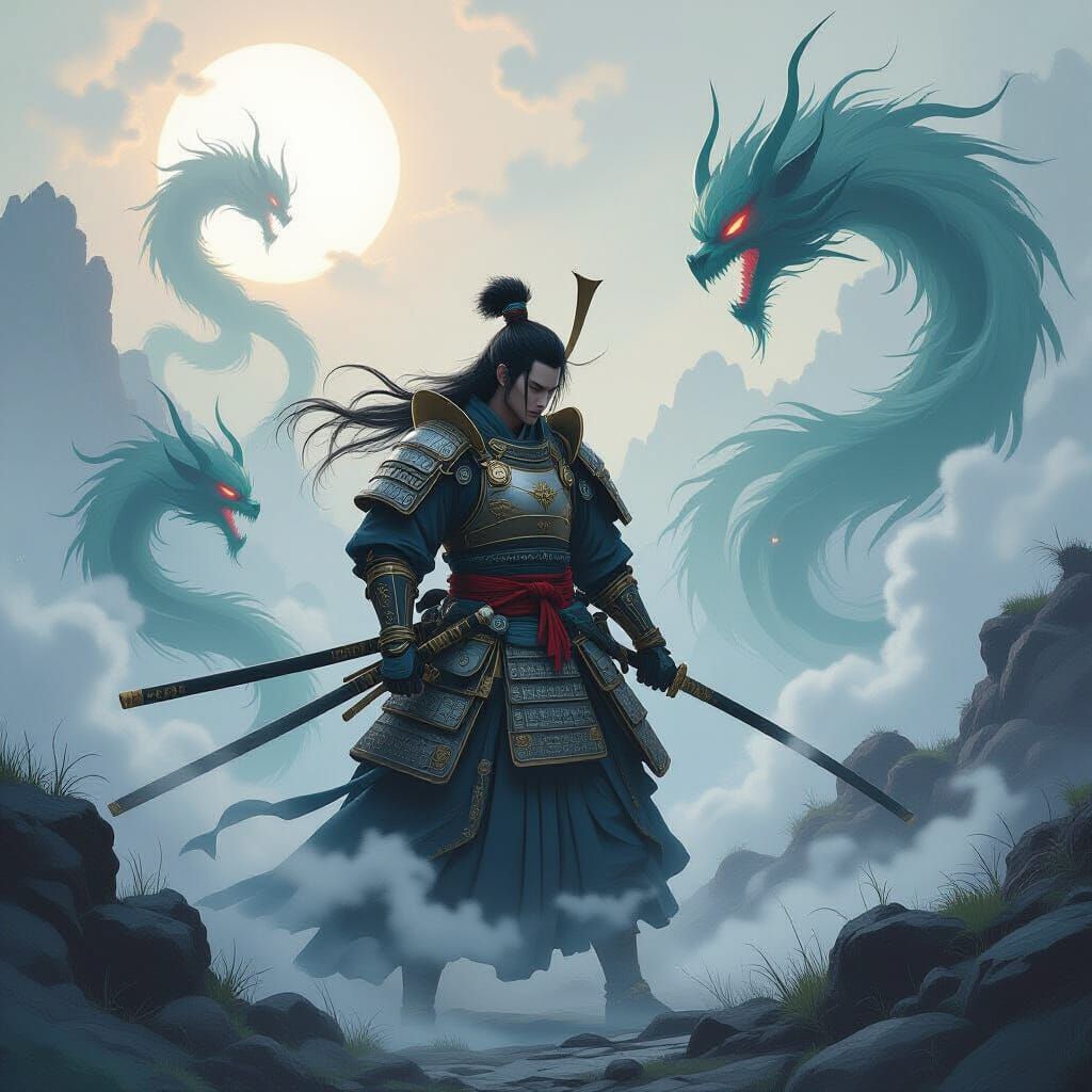 Samurai Battles Demon Spirits in Mystical, Glowing Mist