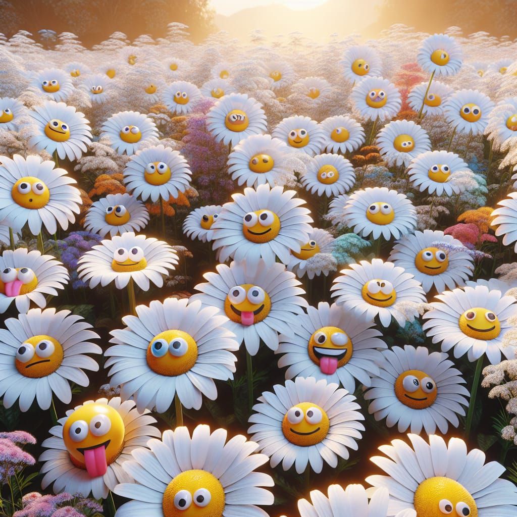 Emoji Daisies Field: Iridescent 3D Photorealism