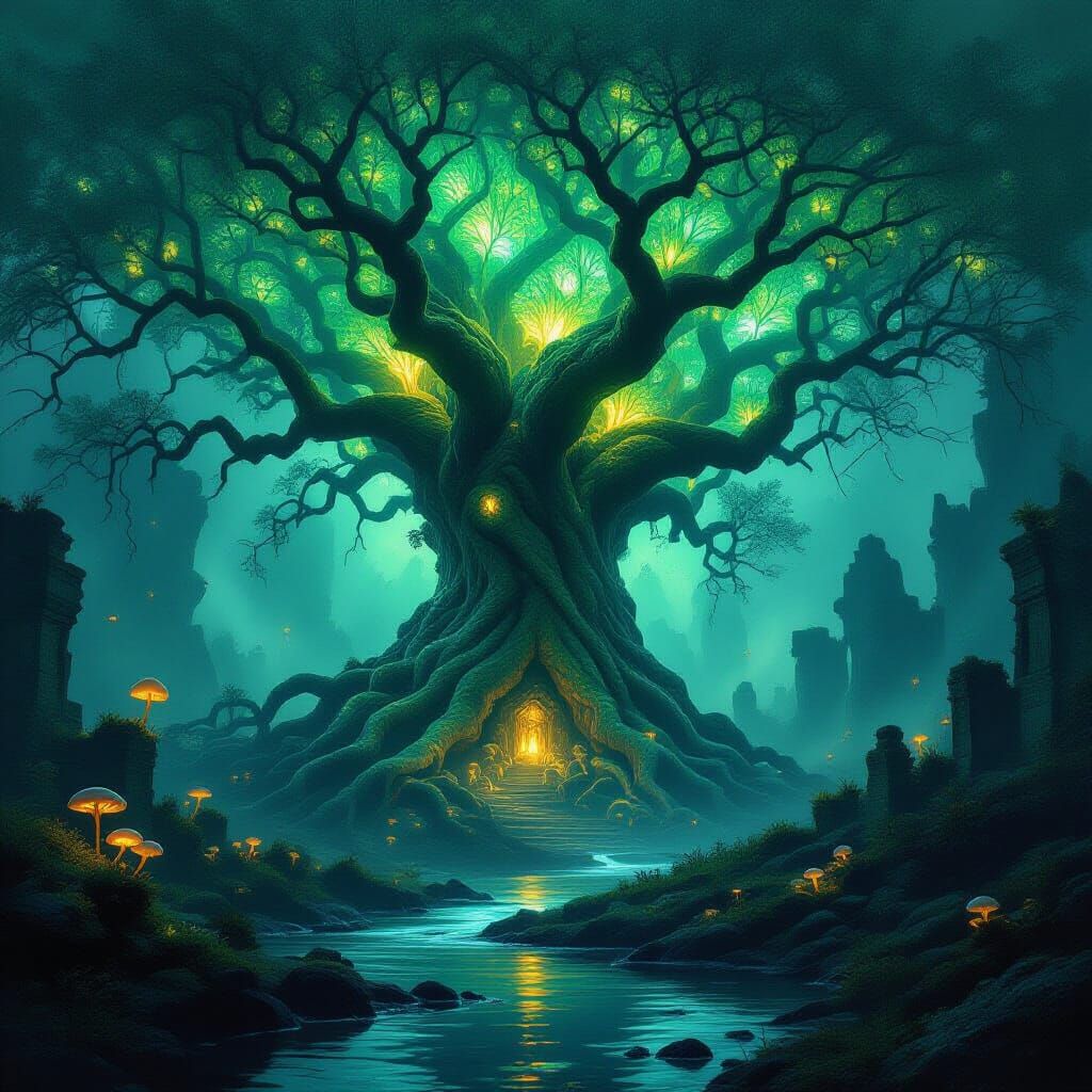 Ancient Bioluminescent Tree Overgrown Ruins in Ethereal Fore...
