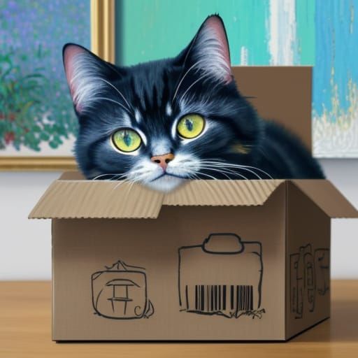 Vibrant Cat Emerge from Cardboard Box in Neo-Impressionist S...