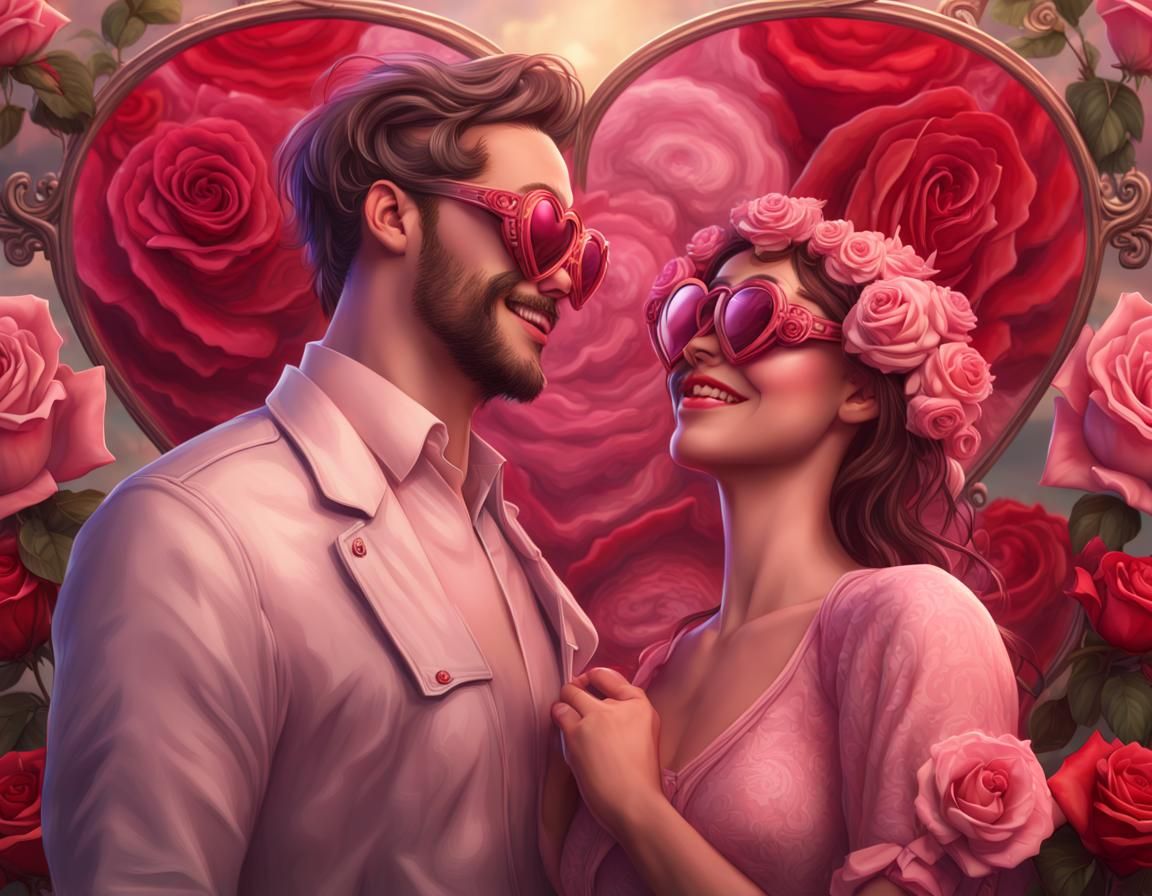 Romantic Art Nouveau Portrait with Roses and Hearts