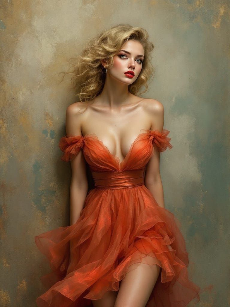 1950s Pin-Up Woman in Metallic Red Gauze Dress