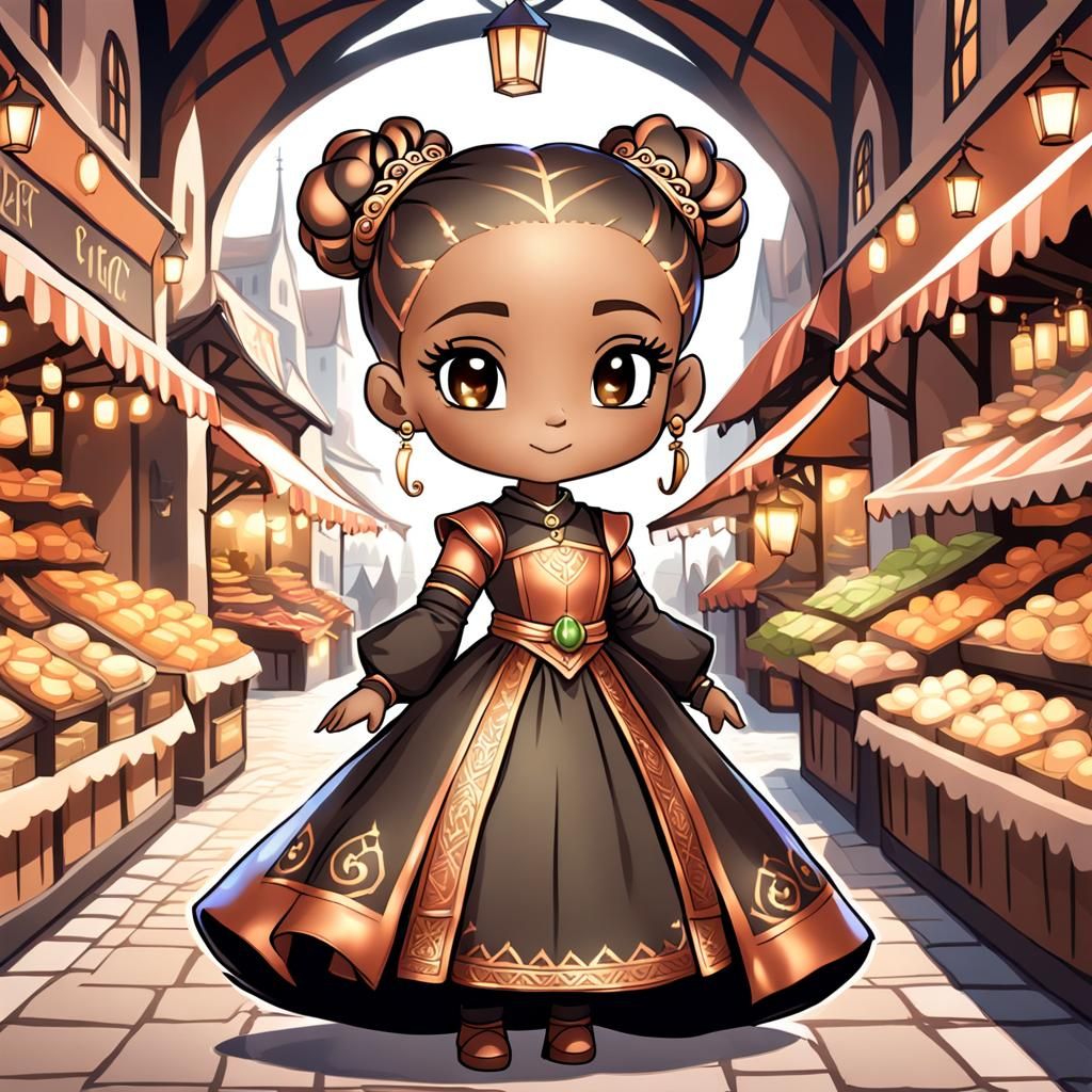 Chibi Me Wearing A Black with Copper Medieval Renaissance Dress At A Market Place (Version 3)