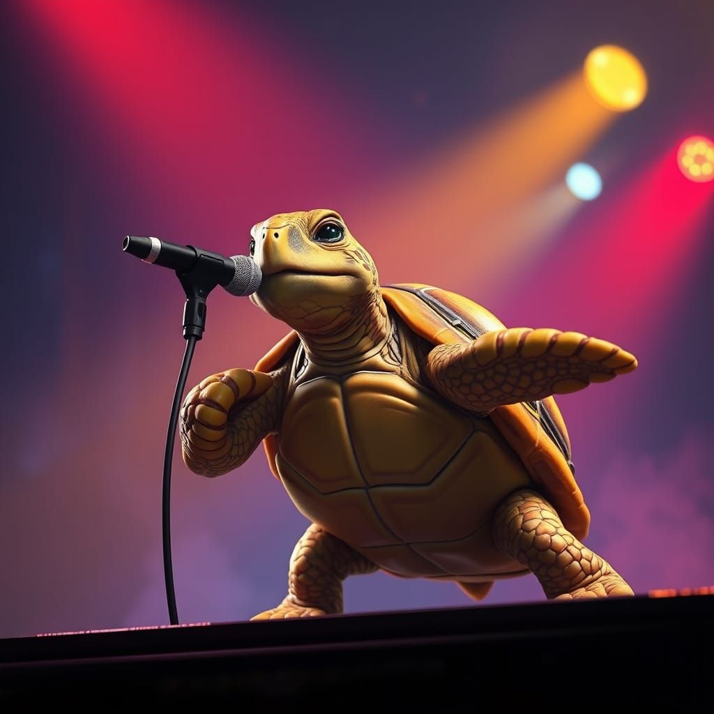 Turtle Sings Karaoke on Stage: Detailed Matte Painting