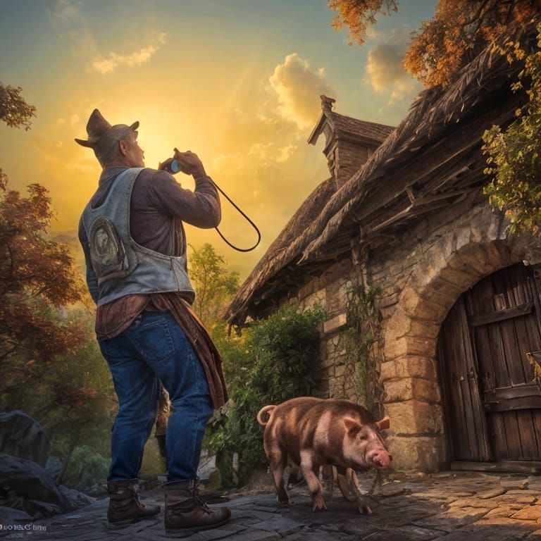 Man with Pig Head Selfies at Castle