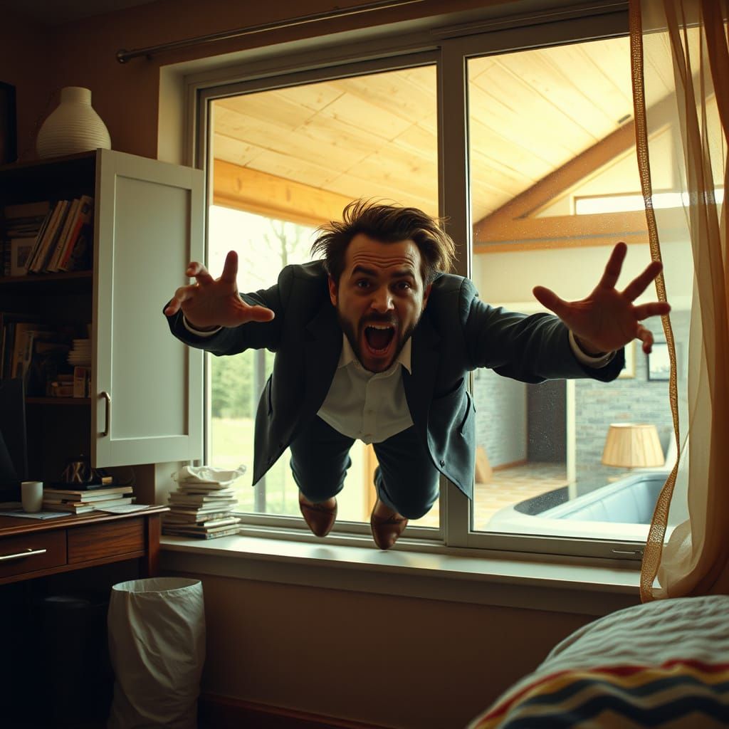 burst divin' out of bedroom window, or in