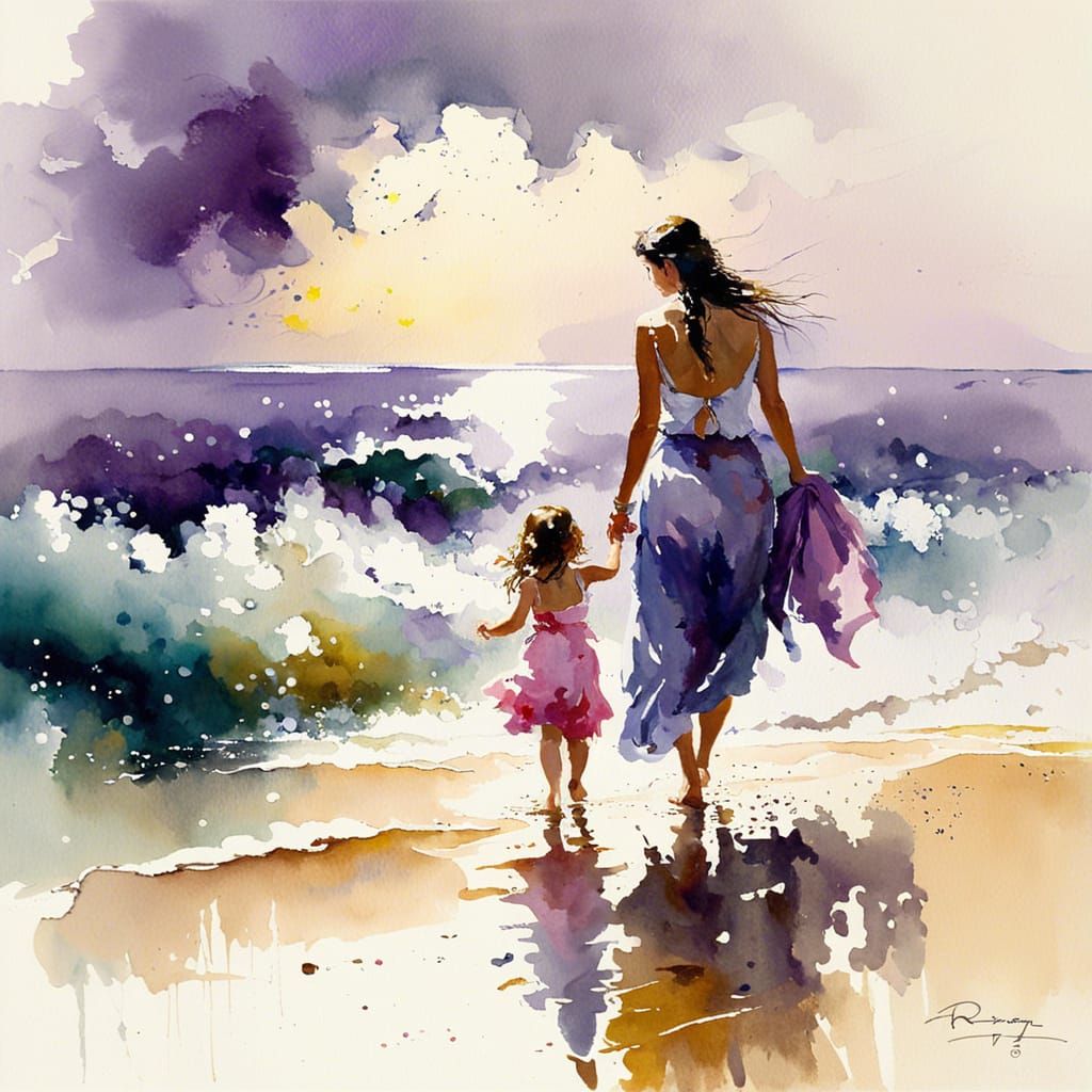Romantic Beach Scene Watercolor Painting
