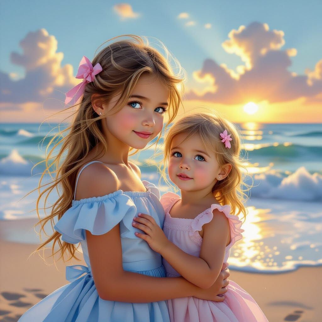 Sisters Playing on Beach in Art Nouveau Style