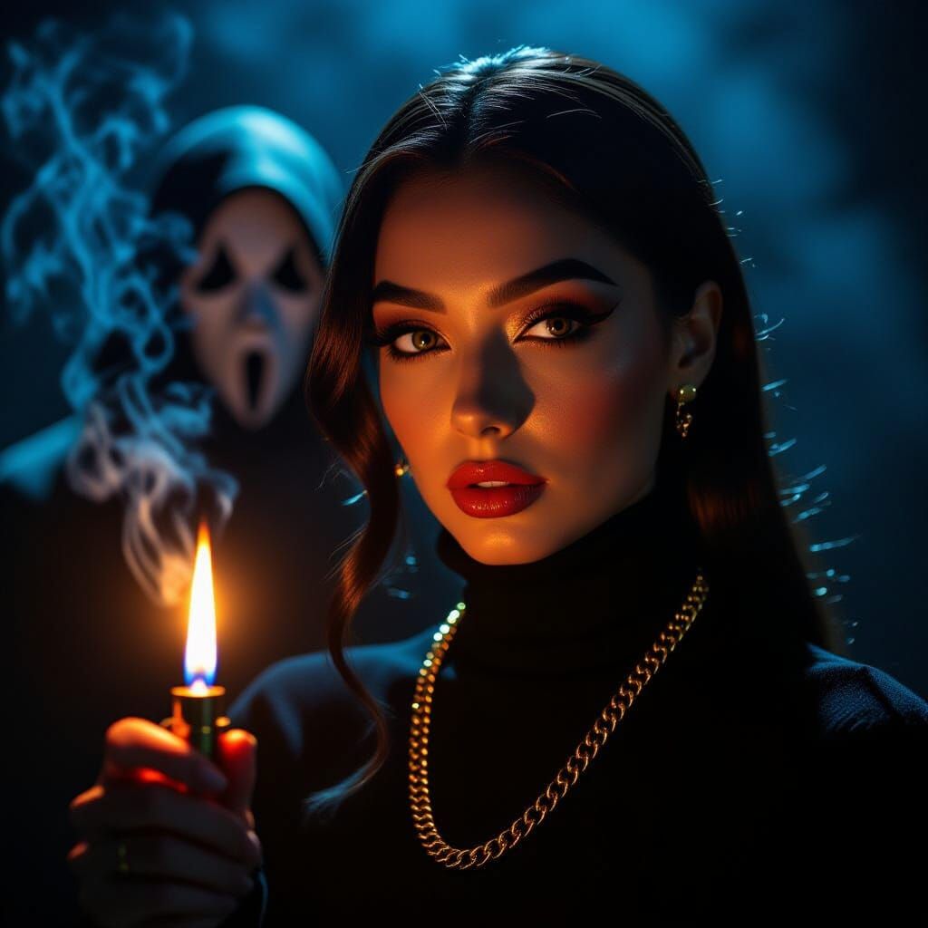 Cinematic Portrait with Lighter Flame and Shadowy Figure