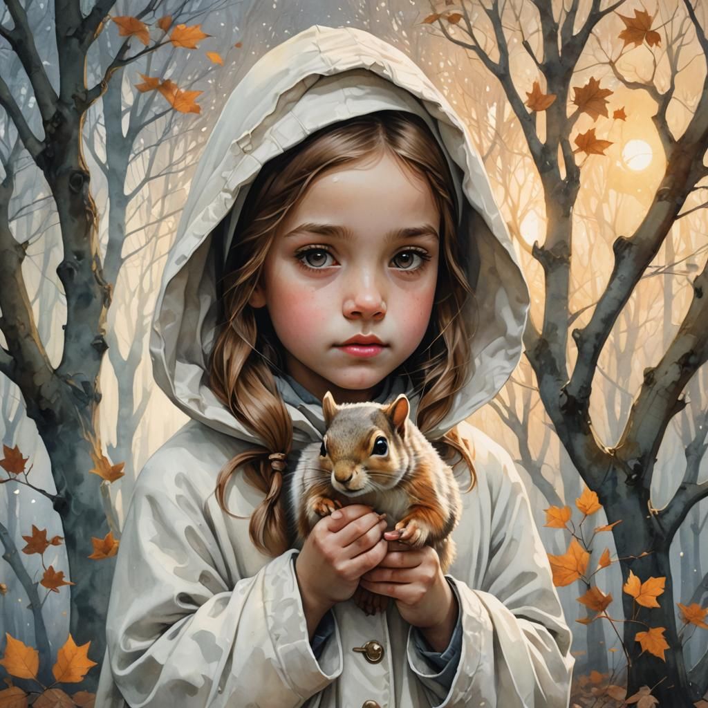 Girl with Marble Squirrel in Watercolor Style