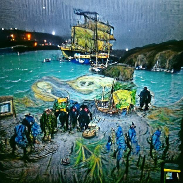 Pirates Land in Cornwall Harbour: Oil Painting