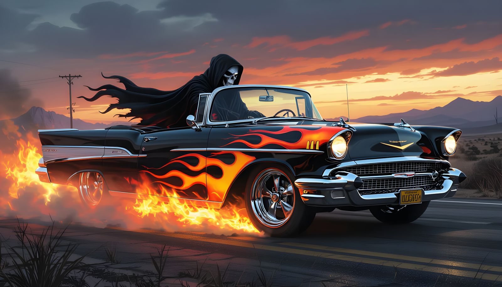 Grim Reaper Drives Flaming Bel Air on Route 666