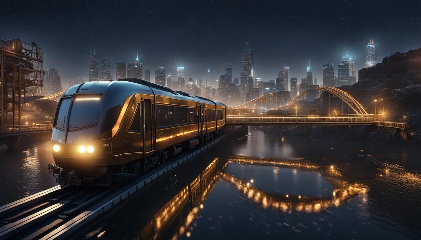 Cyberpunk Gold Train on Bridge at Night