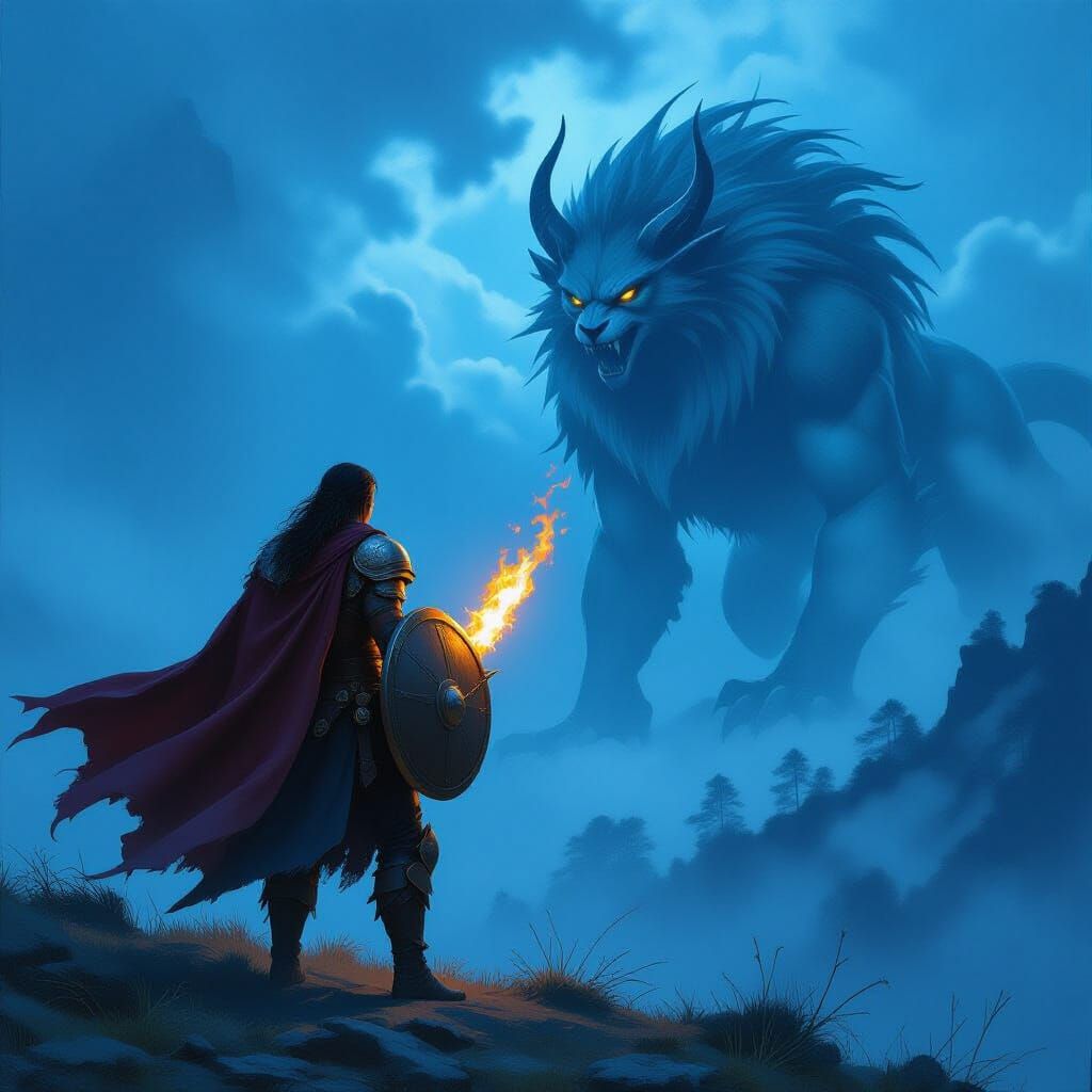 Warrior Faces Manticore in Dark Fantasy Landscape