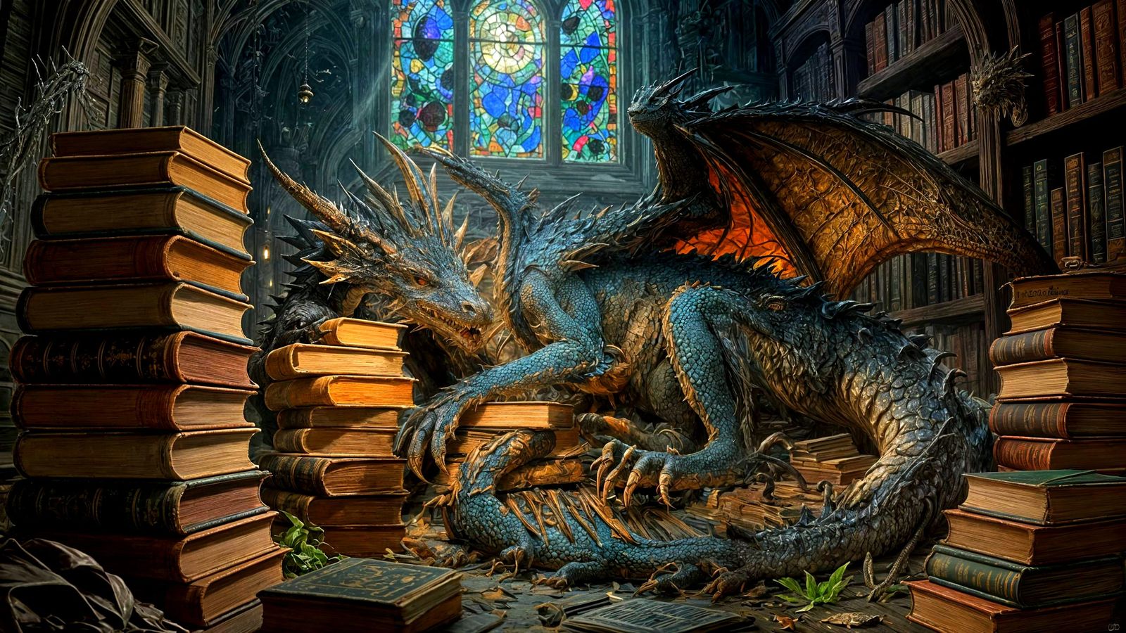 Dragon Sleeps in Moonlit Library with Glowing Books