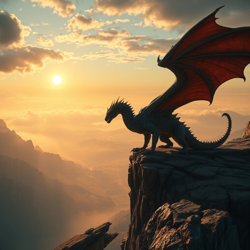 Dragon Stands Heroically on Cliff's Edge in Vibrant Sunset