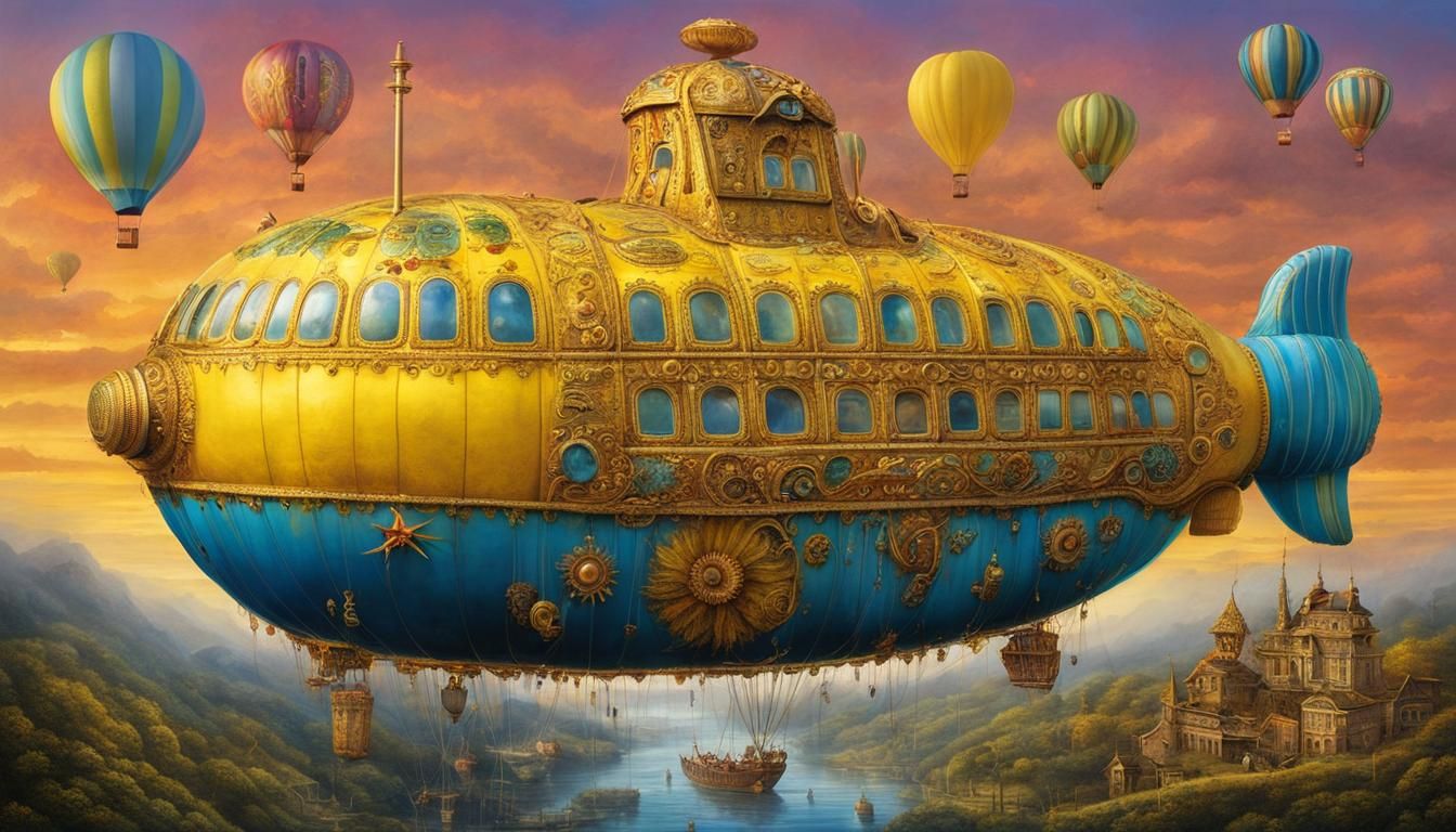 Fantastical Yellow Submarine Hot Air Balloon Digital Art