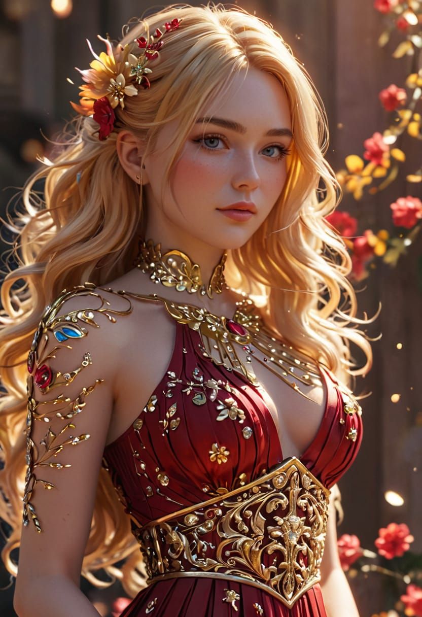 Vibrant Anime Fantasy Portrait of a Woman in a Floral Ruby P...