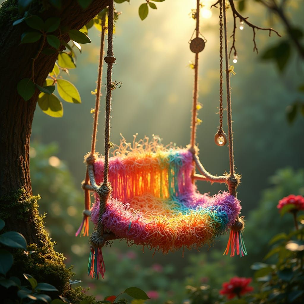 Rainbow Swing Amidst Lush Foliage in Dreamlike Style
