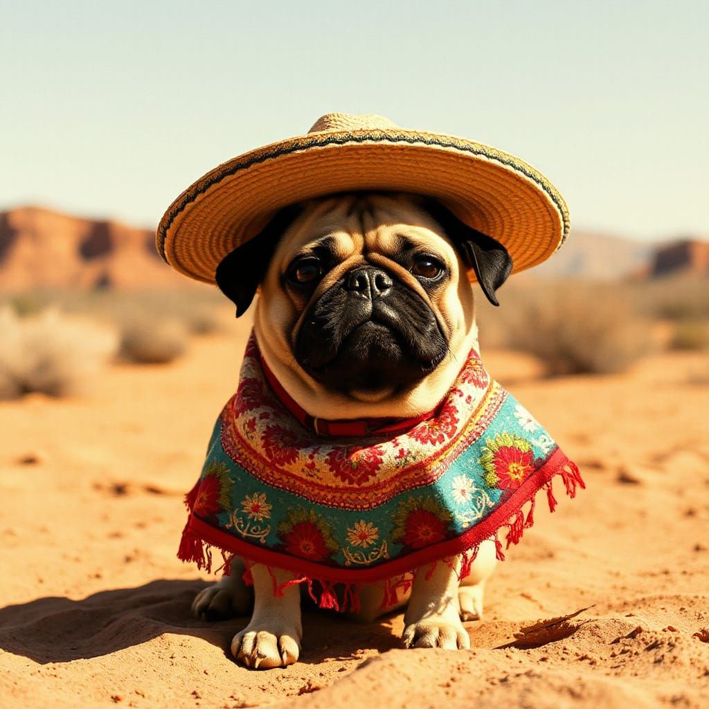 Pug Dog Bandit in Mexican Muralist Style