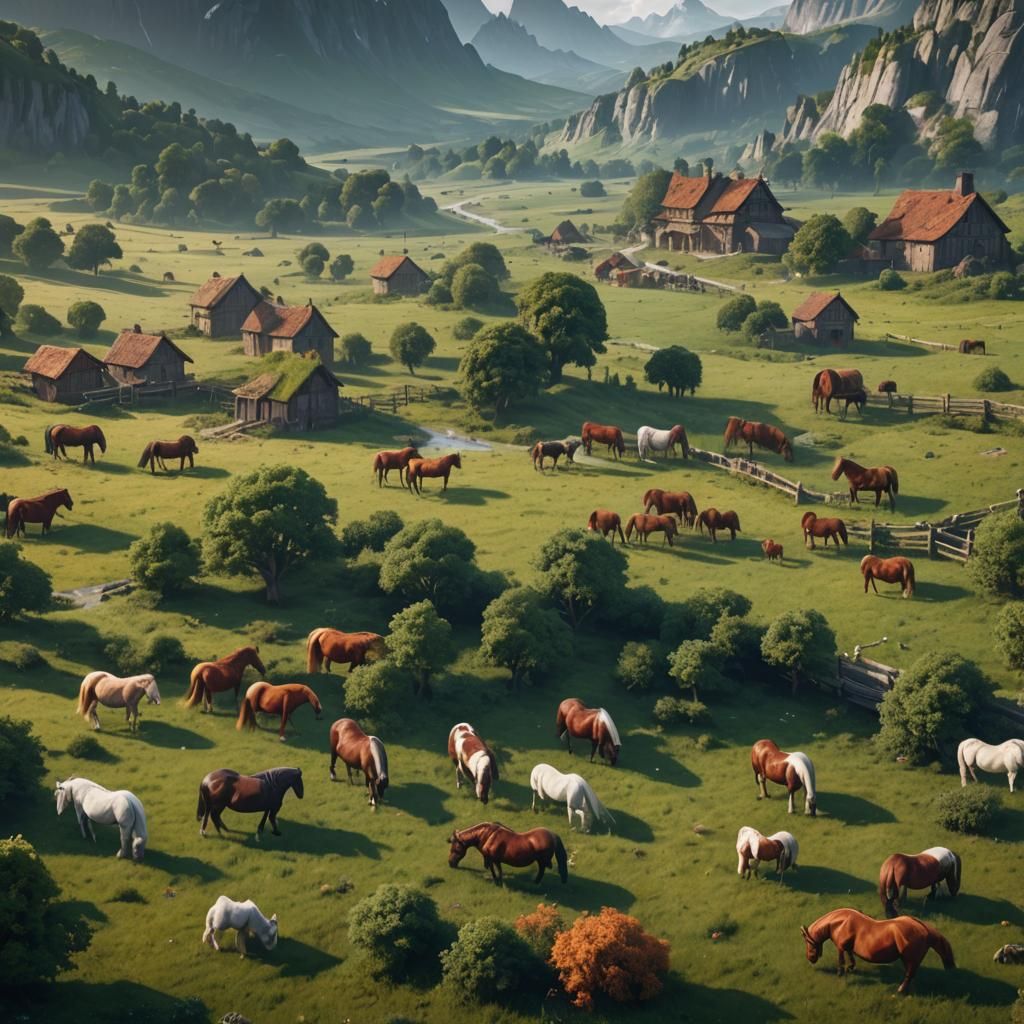 Horses Grazing in Flat Countryside: Detailed Matte Painting