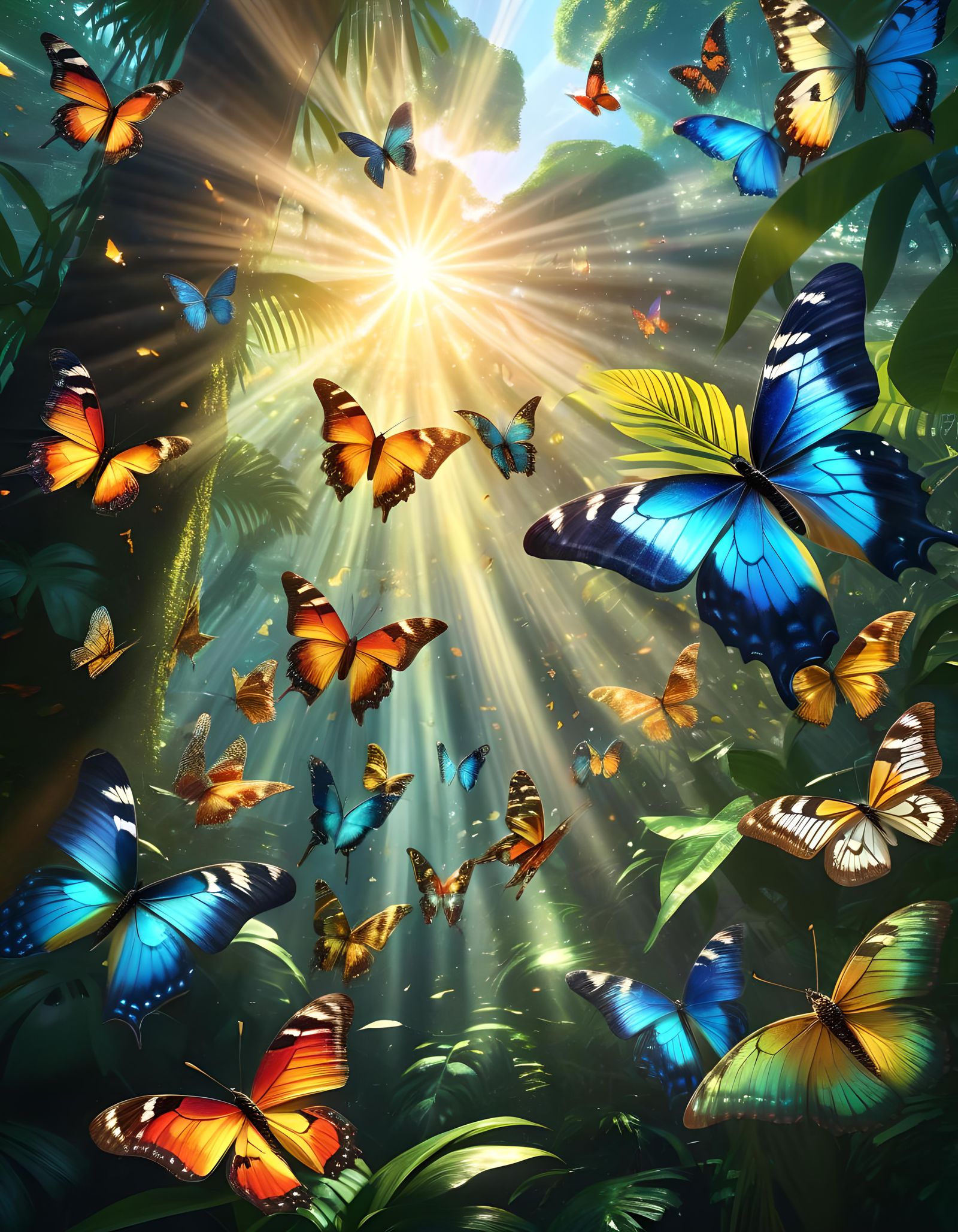 Shimmering Butterflies in Lush Rainforest: Nature Photograph...