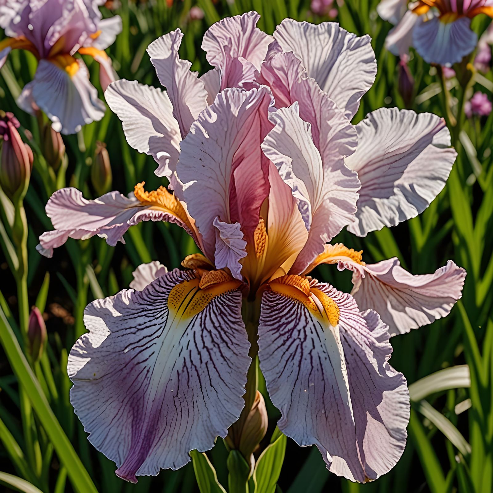 Pink and White Bearded Iris in Morning Light
