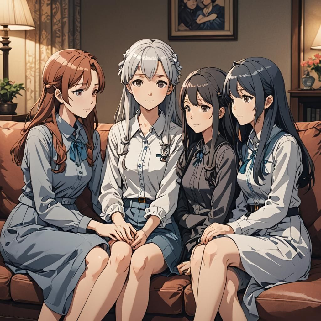 Anime Sisters Chatting on Couch, Cel-Shaded Style