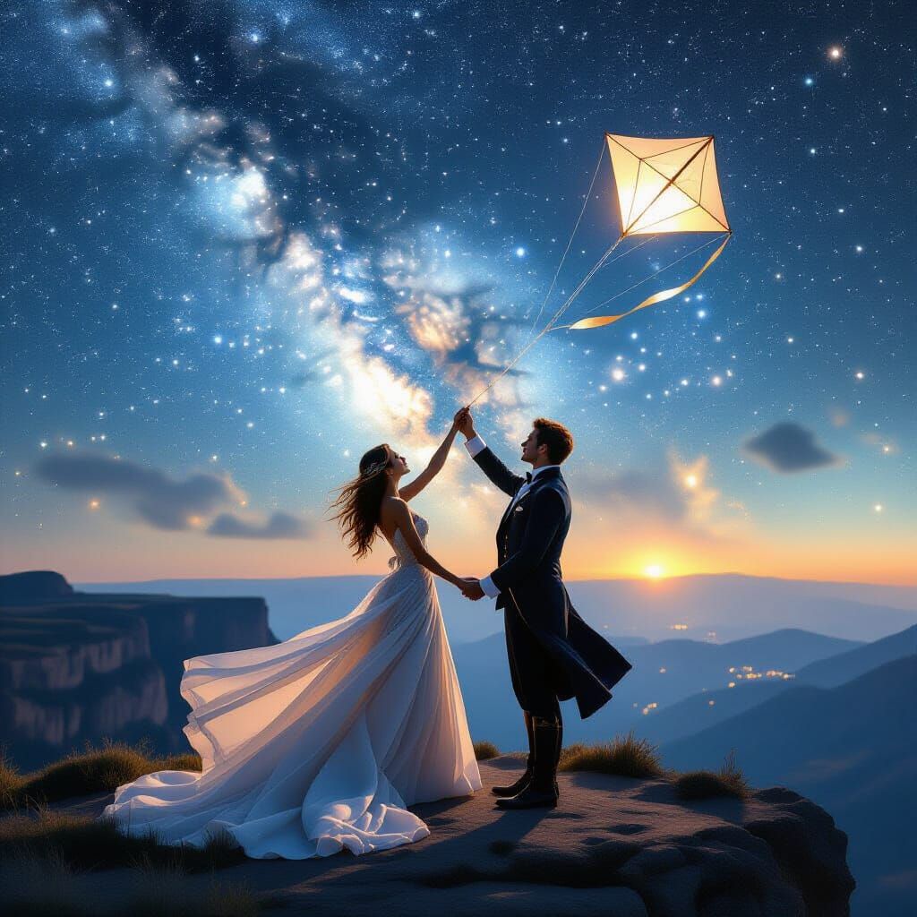 Couple Overlooking Nebula in Romantic Pre-Raphaelite Style