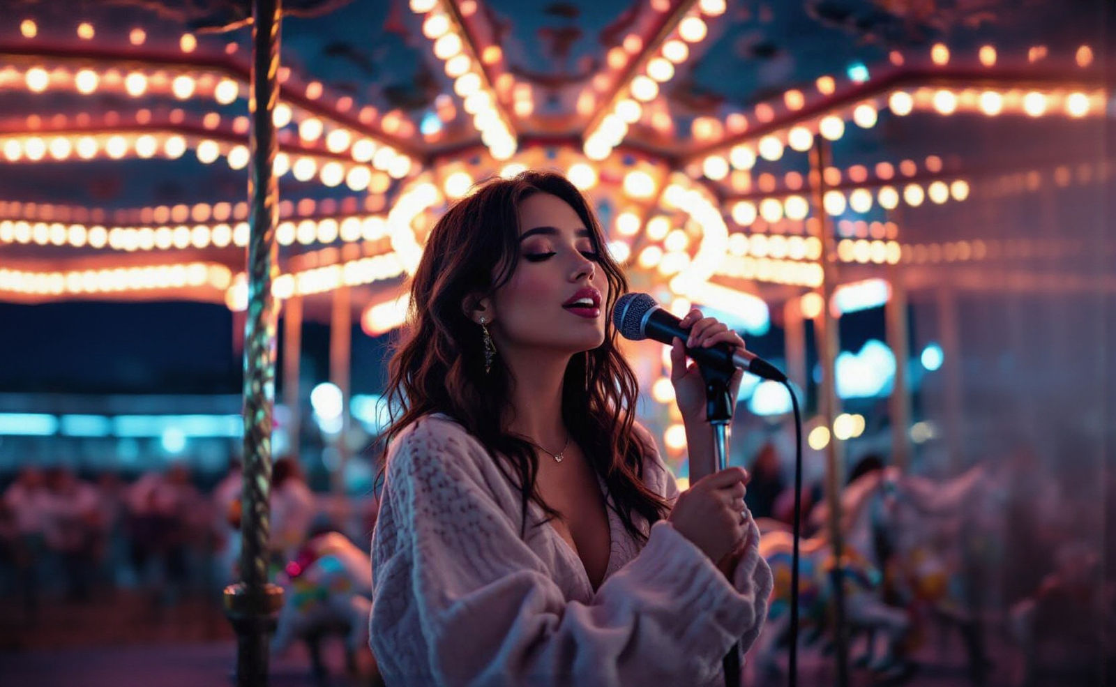 Gen Z Woman Sings on Carousel at Night with Sharp Lights