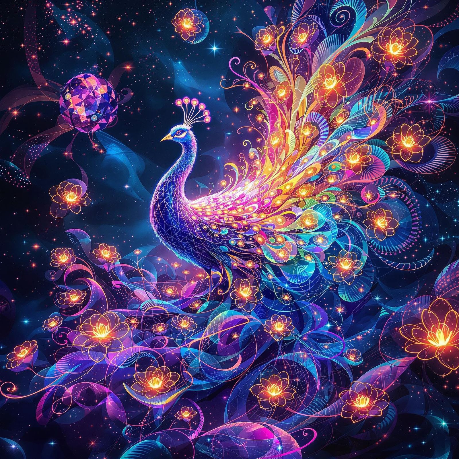 Iridescent Peacock in Fractal Landscape Digital Art