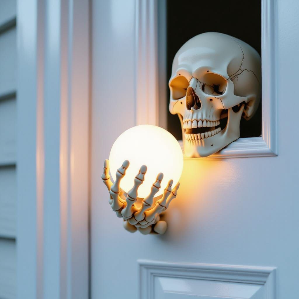Skeletal Hand Emerges From White Door Holding Glowing Orb