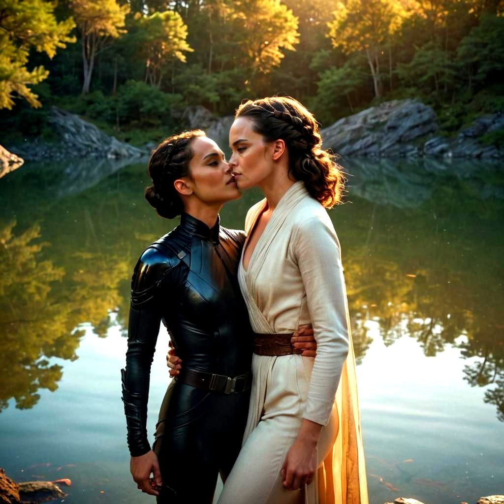 Rey and Catwoman Share a Kiss by the Lake