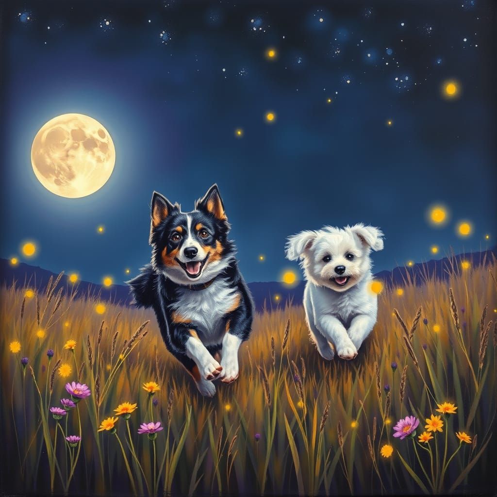 An oil painting on textured, rough canvas of  two dogs happi...