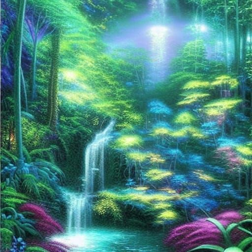Iridescent Waterfalls in Lush Jungle Moonlight