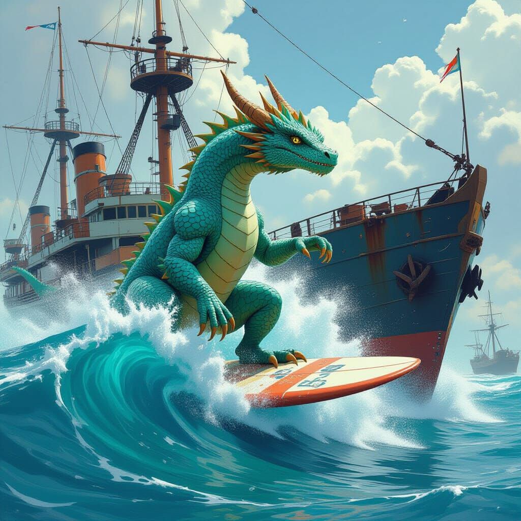 Water Dragon Surfing: Dystopian Sci-Fi Art