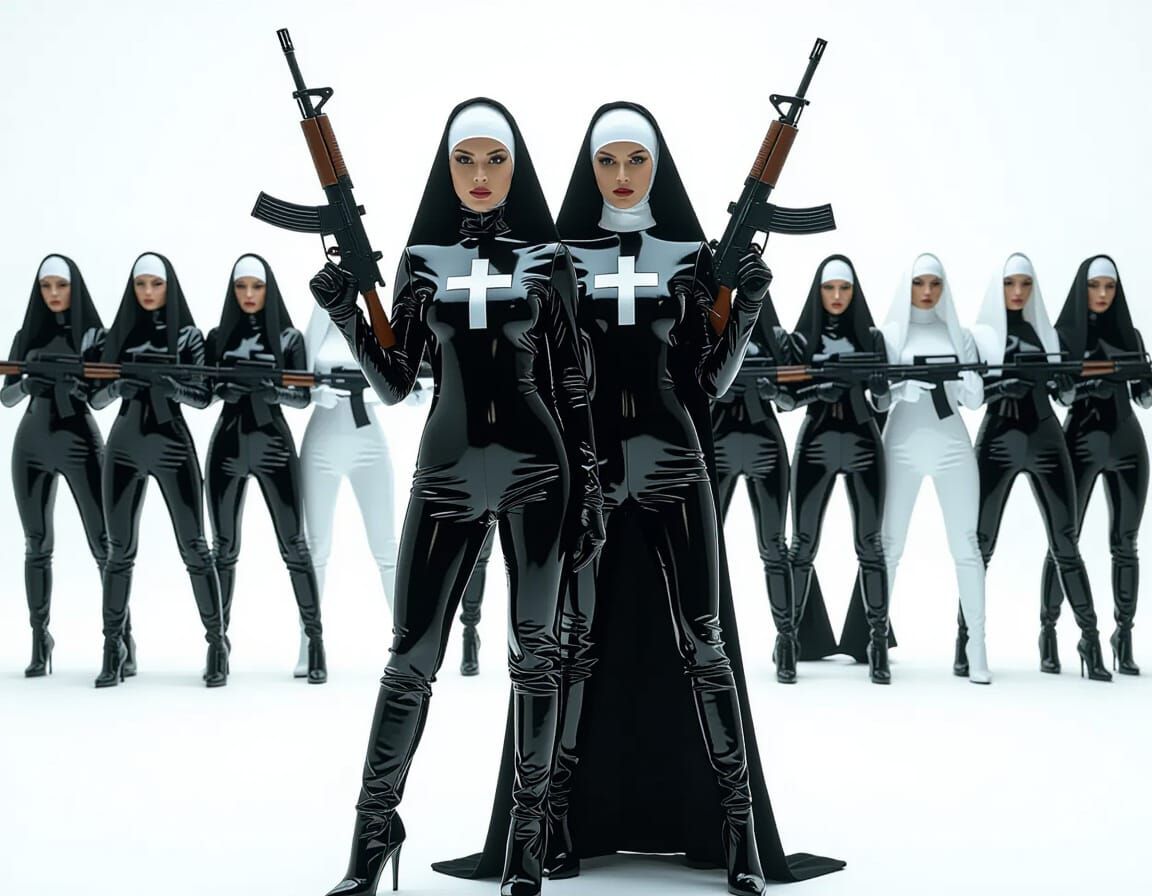 Sleek Latex Nuns With AK-47s In Formation