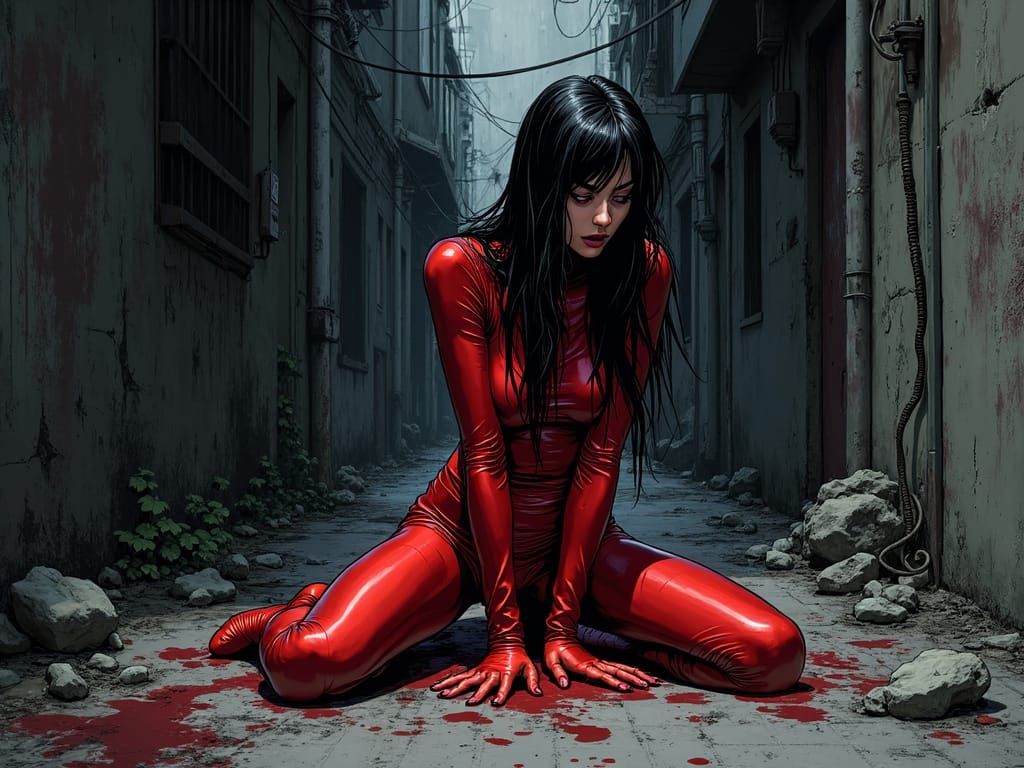 Japanese Daredevil Kneeling in Dark Alley After Fight