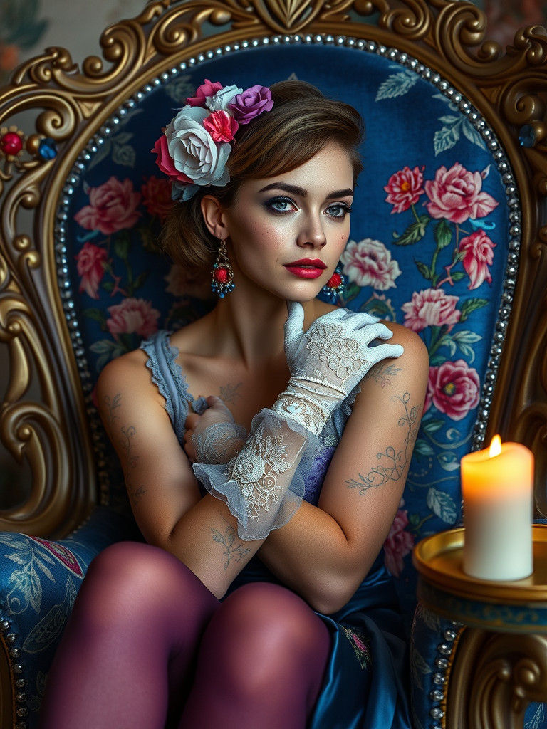 Model in Floral Chair with Vintage Luxury Details